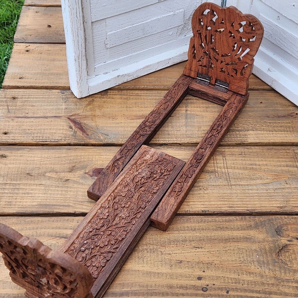 Vintage Bookends Case Hand Carved Wood Boho Expandable Tabletop Floral Design